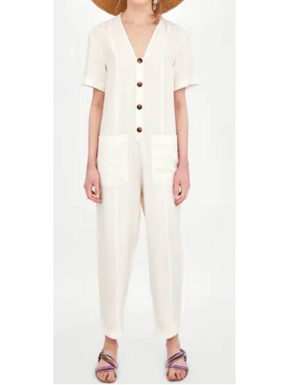 Zara Short Sleeve Button Front Jumpsuit Cream